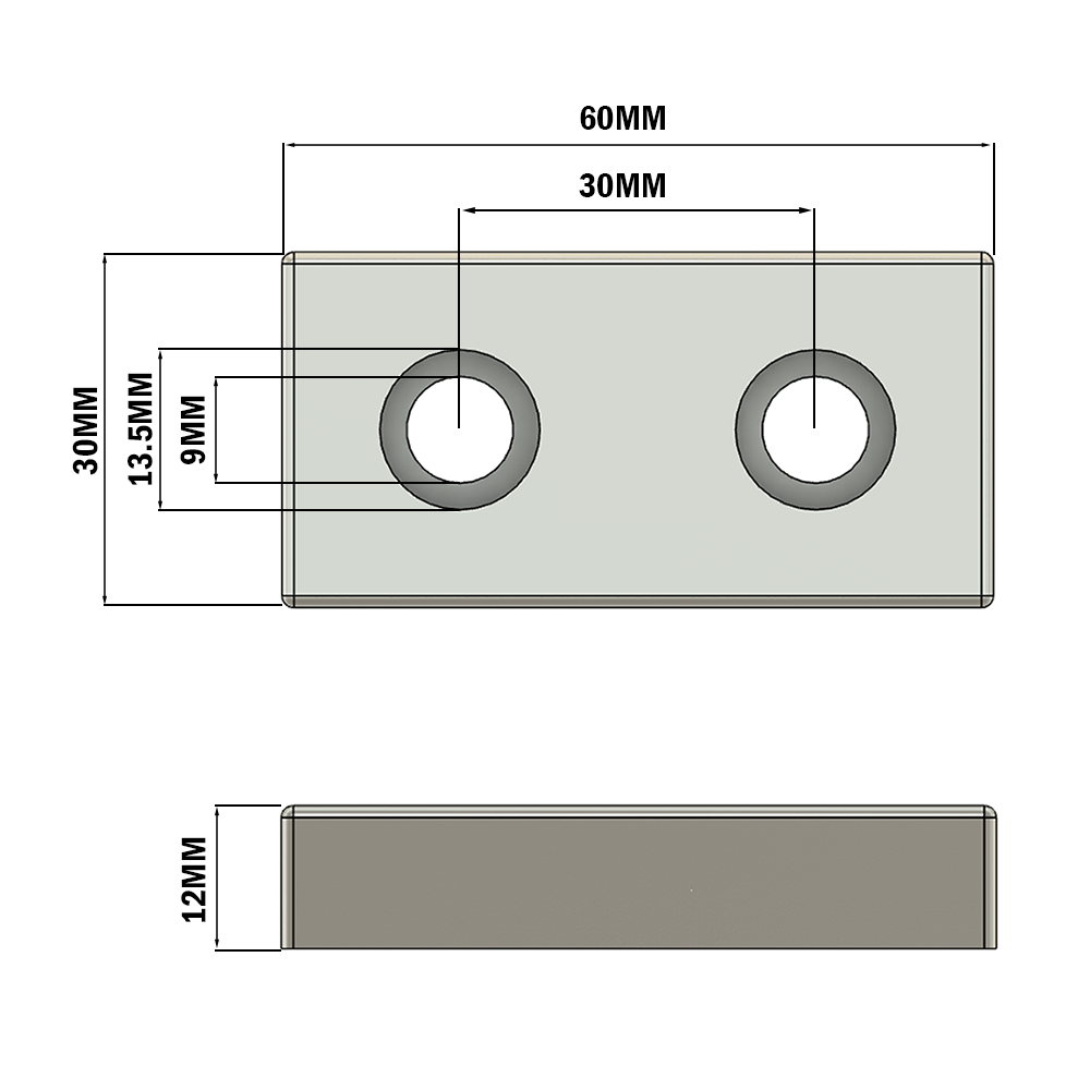32-3060WS-3 MODULAR SOLUTIONS FOOT & CASTER CONNECTING PLATE<BR>30MM X 60MM NO HOLES, SOLID ALUMINUM W/HARDWARE